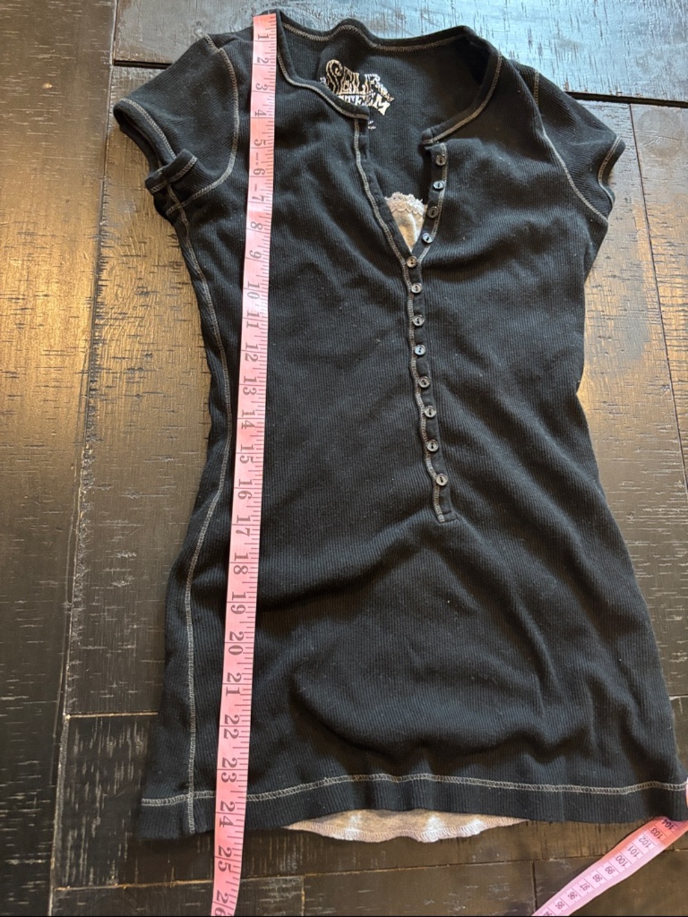 Y2K Retro Self Esteem Black Ribbed Short-Sleeve Button-Front Lace Tee Large - Picture 9 of 9